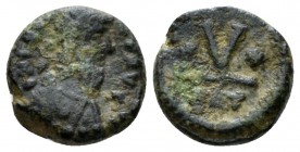 Phocas, 602-610 Pentanummo Catania 602-610, Æ 11.5mm., 1.53g. Diademed, draped and cuirassed bust r., with long beard. Rev. Large B, between two stars...