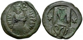 Heraclius, 610-641 Follis Siracusa after 630, Æ 32.5mm., 15.34g. Countermark with facing bust of Heraclius wearing chlamys and crowned/monogram. Under...