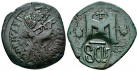 Heraclius, 610-641 Follis Siracusa after 630, Æ 32.5mm., 13.28g. Countermark with facing bust of Heraclius wearing chlamys and crowned/monogram. Under...