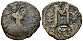 Heraclius, 610-641 Follis Siracusa after 630, Æ 30mm., 12.80g. Countermark with facing bust of Heraclius wearing chlamys and crowned/monogram. Underne...