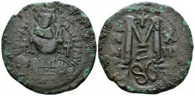 Heraclius, 610-641 Follis Siracusa after 630, Æ 39mm., 21.21g. Countermark with facing bust of Heraclius wearing chlamys and crowned/monogram. Underne...