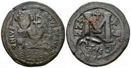 Heraclius, 610-641 Follis Siracusa after 630, Æ 34mm., 18.48g. Countermark with facing bust of Heraclius wearing chlamys and crowned/monogram. Underne...