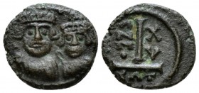 Heraclius, 610-641 Decanummus Catana 624-625 (year 15), Æ 15mm., 3.20g. Facing crowned, draped and cuirassed busts of Heraclius with short beard and H...