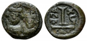 Heraclius, 610-641 Decanummus Catana 625-626 (year 16), Æ 14.5mm., 3.65g. Facing crowned, draped and cuirassed busts of Heraclius with short beard and...