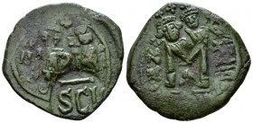 Heraclius, 610-641 Follis Siracusa 632-640, Æ 31.5mm., 9.56g. Facing busts of Heraclius bearded and Heraclius Constantine, beardless, both wearing cro...