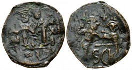 Heraclius, 610-641 Follis Siracusa 632-640, Æ 28mm., 6.94g. Facing busts of Heraclius bearded and Heraclius Constantine, beardless, both wearing crown...