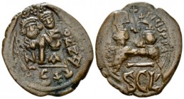 Heraclius, 610-641 Follis Siracusa 632-640, Æ 29mm., 9.68g. Facing busts of Heraclius bearded and Heraclius Constantine, beardless, both wearing crown...