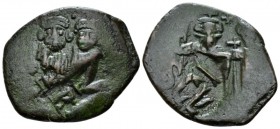 Heraclius, 610-641 Follis Siracusa 632-640, Æ 29mm., 7.44g. Facing busts of Heraclius bearded and Heraclius Constantine, beardless, both wearing crown...