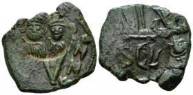 Heraclius, 610-641 Follis Siracusa 632-640, Æ 28mm., 8.53g. Facing busts of Heraclius bearded and Heraclius Constantine, beardless, both wearing crown...