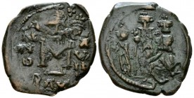 Heraclius, 610-641 Follis Siracusa 632-640, Æ 28mm., 8.36g. Facing busts of Heraclius bearded and Heraclius Constantine, beardless, both wearing crown...