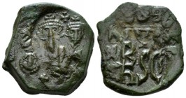 Heracliius, 610-641 Follis Siracusa 632-640, Æ 21.5mm., 6.73g. Facing busts of Heraclius with long beard and Heraclius Constantine, beardless, both we...