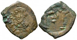 Constans II, 641-668 Follis Siracusa 644-647, Æ 25mm., 5.48g. Facing bust, with beard formed by row od dots wearing crown and clamys, holding globus c...