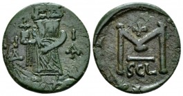 Constans II, 641-668 Follis Siracusa 652-653 (year 11), Æ 20.5mm., 3.93g. Constans standing facing, wearing crown and clamys and holding globus crucig...