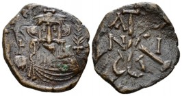 Constans II, 641-668 20 Nummi Siracusa 650-651 (year 10), Æ 22mm., 4.03g. Facing bust with long beard, wearing crown and clamys and holding globus cru...
