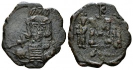 Constantine IV, 668-685 Follis Siracusa 668-674, Æ 21.5mm., 3.53g. Cuirassed bust facing, beardless, wearing plumed helmet and holding globus cruciger...