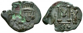 Constantine IV, 668-685 Follis Siracusa 668-674, Æ 25mm., 2.75g. Cuirassed bust facing, beardless, wearing plumed helmet and holding globus cruciger. ...