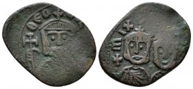 Theophilus, 829-842 Follis Siracusa 830-842, Æ 22.5mm., 2.96g. Facing bust of Theophilus, with short beard wearing crown and loros and holding cross p...