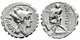 Monete Romane Repubblicane - Roman republican coins 
Denaro al nome C.POBLICI Q.F databile al 80 a.C. - Zecca: Roma - gr. 3,62 (Bab. (Poblicia) n. 9)...