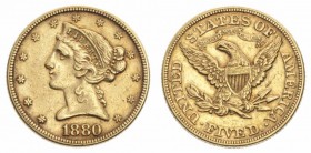 Monete Oltremare - United States of America - Overseas coins 
5 Dollari “Coronet Head” 1880 - Zecca: Filadelfia (Friedb. n. 143) - Oro