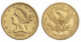 Monete Oltremare - United States of America - Overseas coins 
5 Dolalri “Coronet Head” 1901 - Zecca: San Francisco (Friedb. n. 145) - Oro