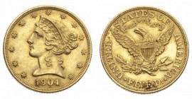 Monete Oltremare - United States of America - Overseas coins 
5 Dollari “Coronet Head” 1904 - Zecca: Filadelfia (Friedb. n. 143) - Oro