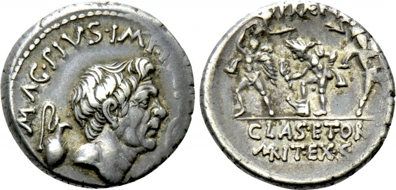 SEXTUS POMPEIUS MAGNUS PIUS. Denarius (37/6 BC). Uncertain Sicilian mint.

Obv...