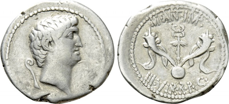MARK ANTONY. Denarius (40 BC). Uncertain mint, possibly Corcyra. 

Obv: Bare h...