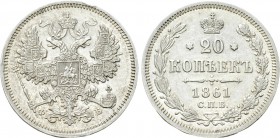 RUSSIA. Alexander II (1855-1881). 20 Kopecks (1861 СПБ-ФБ). St. Petersburg.