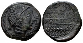 Hispania, Obulco Bronze II cent., Æ 29.5mm., 19.33g. Female head right; before, OBVLCO. Rev. BOTILKOS KUEKI in Celtiberian script in two lines; plough...