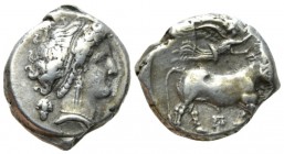 Campania, Neapolis Didrachm circa 320-300, AR 19mm., 7.52g. Diademed head of nymph r.; behind, grapes. Rev. Man-headed bull advancing r., crowned by N...