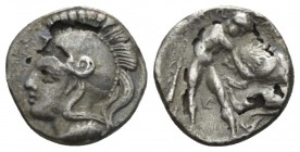 Calabria, Tarentum Plated diobol circa 380-325, AR 10mm., 0.94g. Calabria, circa 380-325 BC, AR 10mm, 0.94g. Helmeted head of Athena l. Rev. Herakles ...
