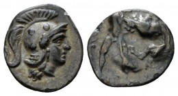 Calabria, Tarentum Diobol circa 325-280, AR 12mm., 1.02g. Head of Athena r., wearing Attic helmet decorated with circles. Rev. Herakles standing r., s...
