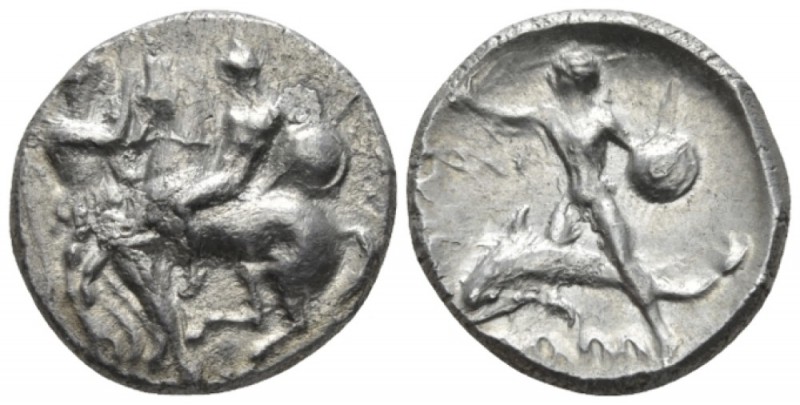 Calabria, Tarentum Nomos circa 302-280, AR 21mm., 7.33g. Rider on horse prancing...