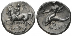 Calabria, Tarentum Nomos circa 272-240, AR 21mm., 6.15g. Nude youth on horseback l., crowning horse and holding rein; below, anchor. Rev. Oecist ridin...