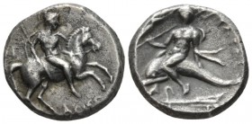 Calabria, Tarentum Nomos circa 272-240, AR 20mm., 6.24g. Horseman r., holding shield and spear, about to dismount. Rev. Dolphin rider l., holding spea...