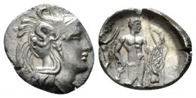 Lucania, Heraclea Diobol circa 443-330, AR 12mm., 0.91g. Head of Athena r., wearing Attic helmet decorated with Skylla. Rev. Herakles standing r., hol...