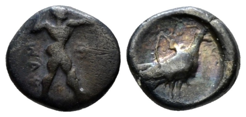 Lucania, Sybaris Triobol circa 453-448, AR 11mm., 1.15g. Poseidon advancing r., ...