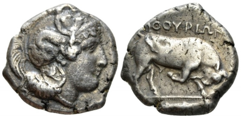 Lucania, Thurium Dinomos circa 400-350, AR 25mm., 15.84g. Head of Athena r., wea...