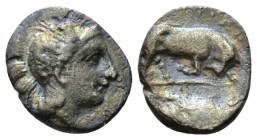 Lucania, Thurium Triobol circa 400-350, AR 11mm., 0.93g. Lucania, Triobol circa 400-350 BC, 10mm, 0.93g. Helmeted head of Athena r., helmet decorated ...