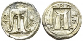Bruttium, Croton Nomos circa 480-450, AR 21mm., 8.05g. Tripod with legs ending in lion's feet; crab in r. field. Rev. The same type incuse; in relief,...
