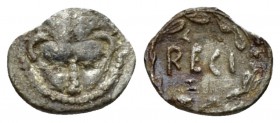 Bruttium, Rhegium Litra circa 445-435, AR 7mm., 0.30g. Facing lion-mask. Rev. RECI all within wreath. SNG ANS 651. Historia Numorum Italy 2490

Tone...