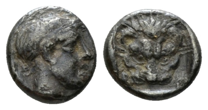 Bruttium, Rhegium Obol circa 356-351, AR 8mm., 0.59g. Male head r. (Apollo ?), h...