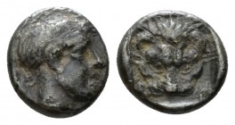 Bruttium, Rhegium Obol circa 356-351, AR 8mm., 0.59g. Male head r. (Apollo ?), hair bound by fillet. Rev. Lion-mask. Herzfelder Pl. XII, L. Historia N...