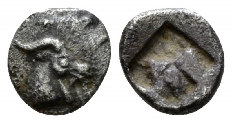 Macedonia, Aegae Hemiobol circa 485-470, AR 8mm., 0.36g. Head of goat. Rev. Quad...