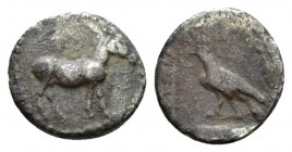 Macedonia, Mende Obol circa 460-430, AR 9mm., 0.40g. Ass standing r. Rev. Crow within incuse square. ANG ANS sup. 354 ff.

Toned, Very Fine.

From...