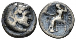 Kingdom of Macedon, Alexander III, 336 – 323 Babylon Hemidrachm circa 322-317, AR 11mm., 2.00g. Head of Heracles r., wearing lion skin headdress. Rev....