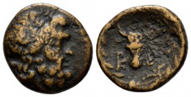 Corcyra, Corcyra Bronze circa 229-48 Bc, Æ 16mm., 3.66g. Wreathed head of Poseidon r.; trident head behind. Rev. Bucranium all within wreath. SNG Evel...
