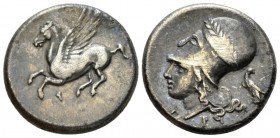 Corinthia, Corinth Stater circa 350-307, AR 21mm., 8.43g. Pegasus l. Rev. Head of Athena l., wearing Corinthian helmet; in r. field, eagle. Ravel 252....