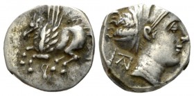 Corinthia, Corinth Drachm circa 350-300, AR 14mm., 2.59g. Pegasus flying l. Rev. Head of Aphrodite r., hair in sakkos; monogram behind. BCD Corinth 16...