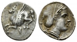 Corinthia, Corinth Drachm circa 350-300, AR 15mm., 2.15g. Pegasus flying l. Rev. Head of Aphrodite r., hair in sakkos; monogram behind. Cf. BCD Corint...